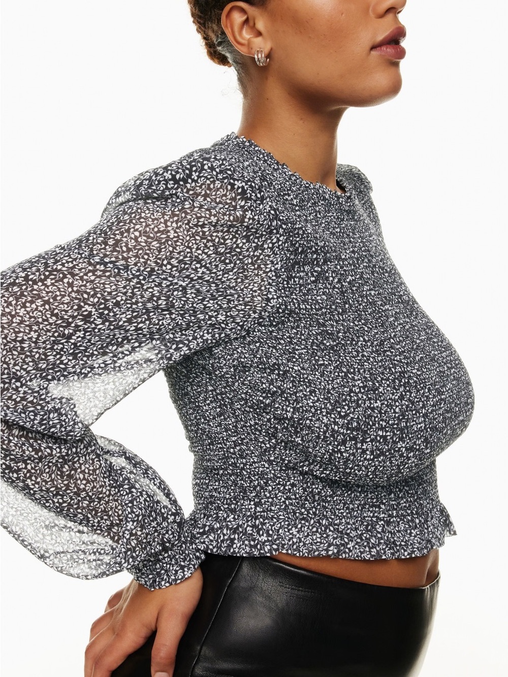Wilfred Black & White Smocked Sheer-Sleeve Crop Top